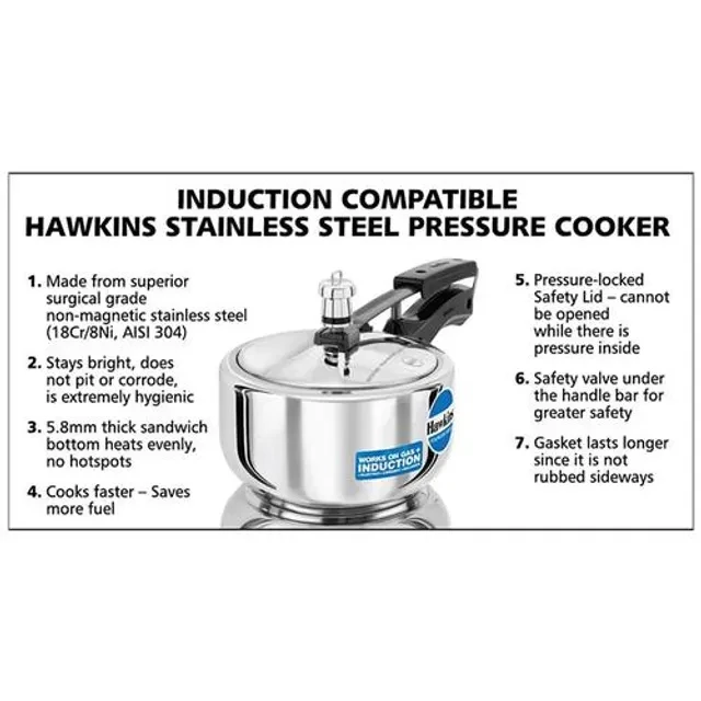 Hawkins Stainless Steel Inner Lid Pressure Cooker - Induction Base, With Handle, Silver, HSS20, 2 l-3.webp